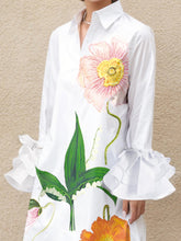 A-Line Flared Sleeves Floral Printed Split-Joint Split-Side Lapel Collar Maxi Dresses Shirt Dress